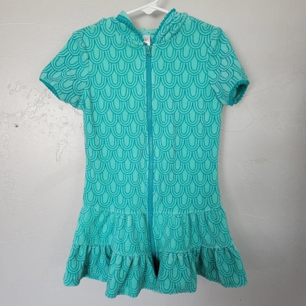 Cat & Jack Little Girls XS 4-5 Turquoise Blue Swim Towel Dress Cover Up Full Zip